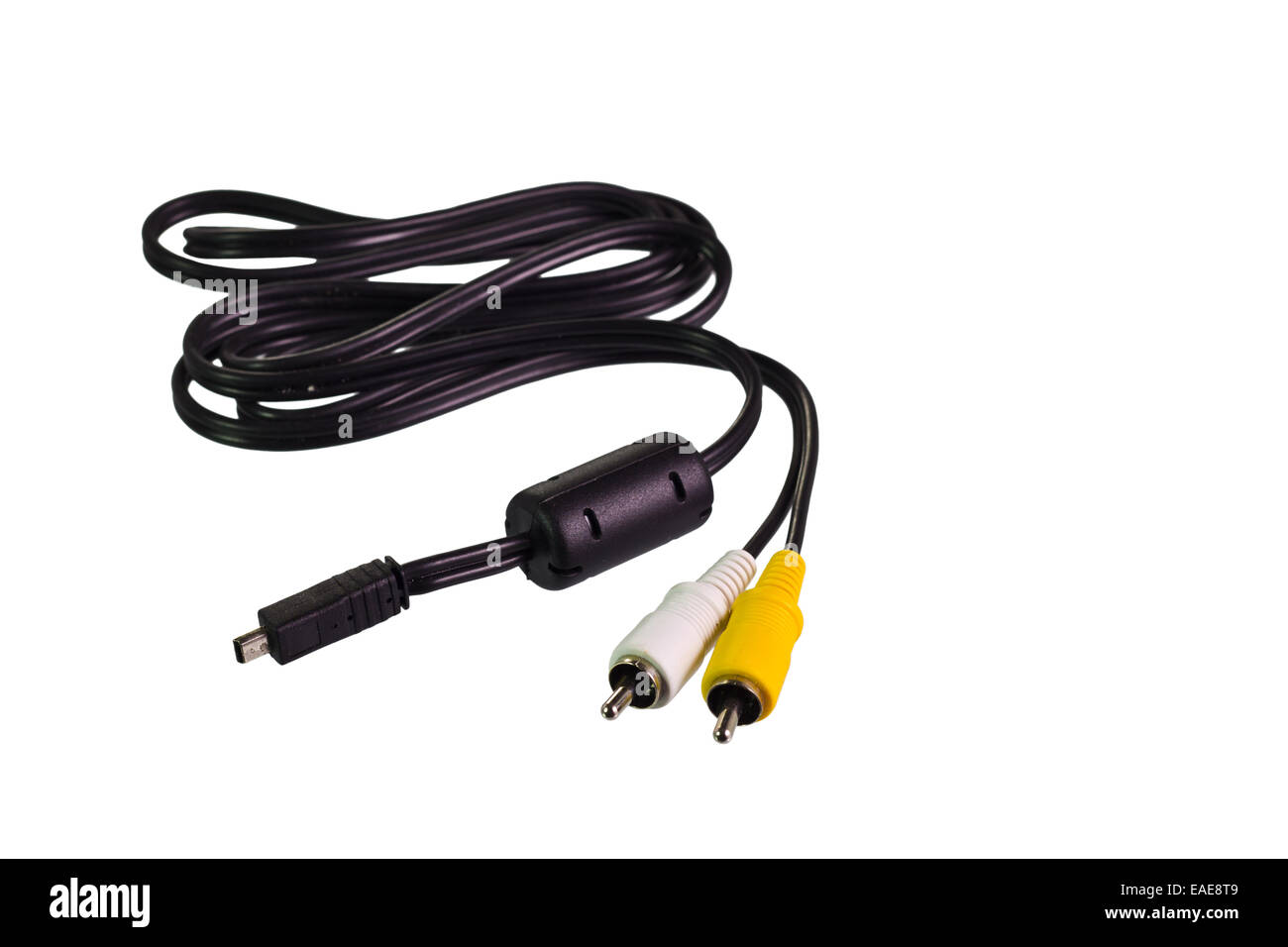 Mini USB ad audio RCA Cavo isolato su sfondo bianco Foto Stock