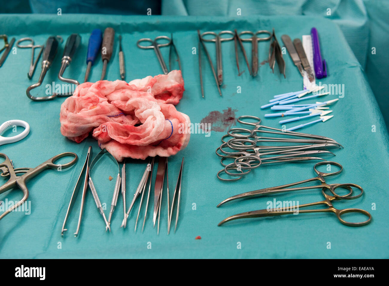 Bendaggio sanguinante e strumenti durante un'operazione in un ospedale Foto Stock