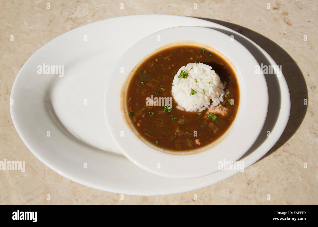Cucina creola Gumbo zuppa di riso a New Orleans USA Foto Stock