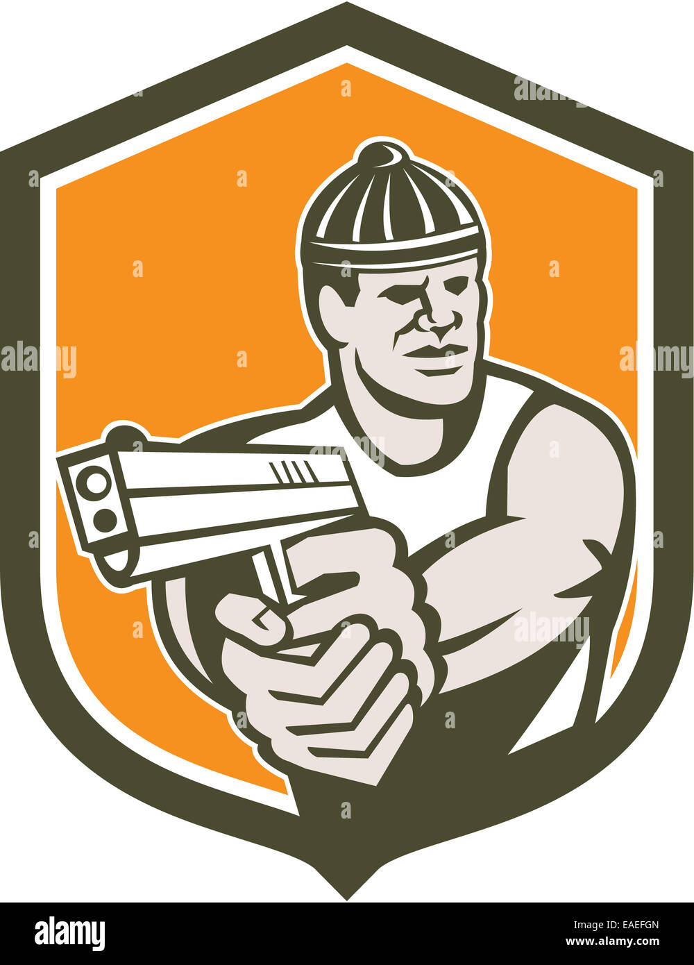 Illustrazione di un ladro criminale di puntamento del gangster pistola insieme all'interno della protezione cresta su sfondo isolato fatto in stile retrò. Foto Stock