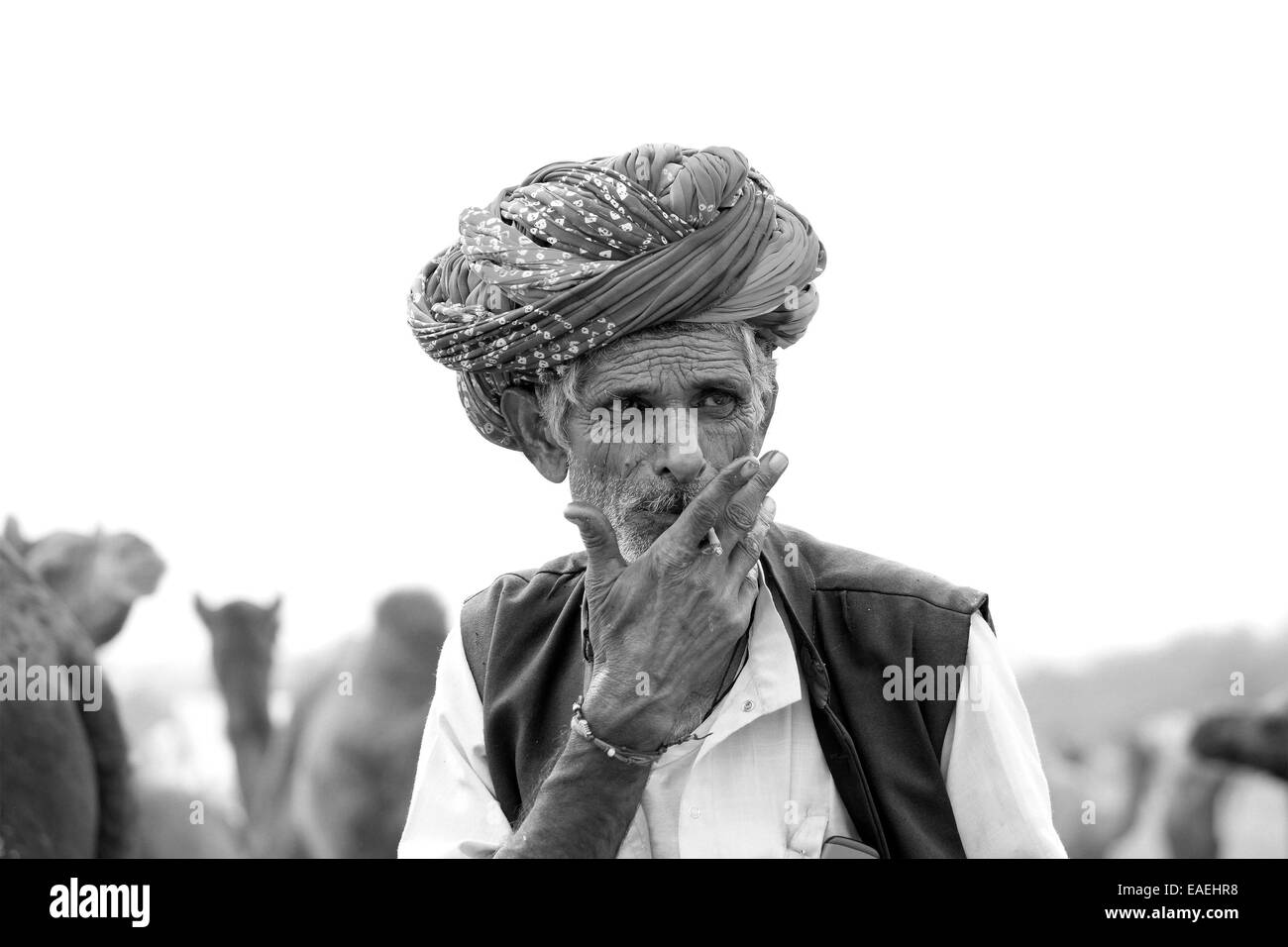 Turbante, indiano, maschio, vecchio, abitante, baffi e barba in Pushkar, Rajasthan, India. Foto Stock