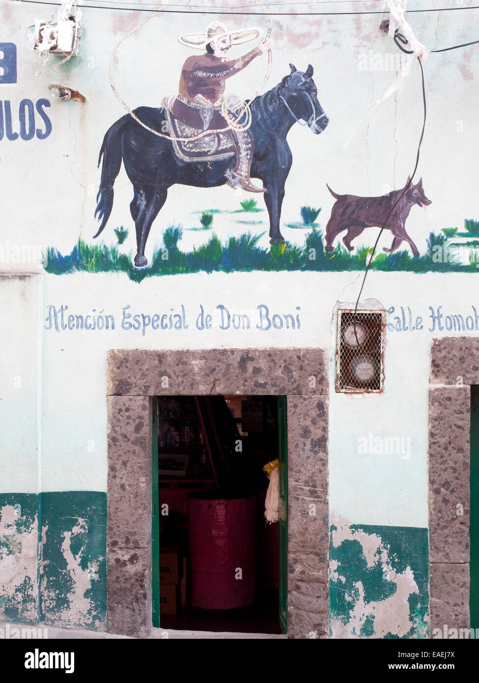 Negozio di fronte in Messico con colorati illustrazione dipinta sulla facciata Foto Stock
