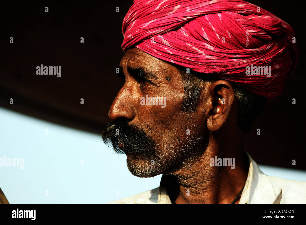 Annuale, Asia, camel fair, camel trader, dawn, orecchini, equo, India, maschio, uomo, mattina, baffi, ritratto, pushkar, rajasthan Foto Stock