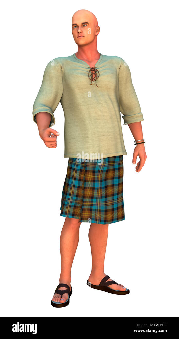 3D render digitale di un uomo moderno che indossa un kilt scozzese isolati su sfondo bianco Foto Stock