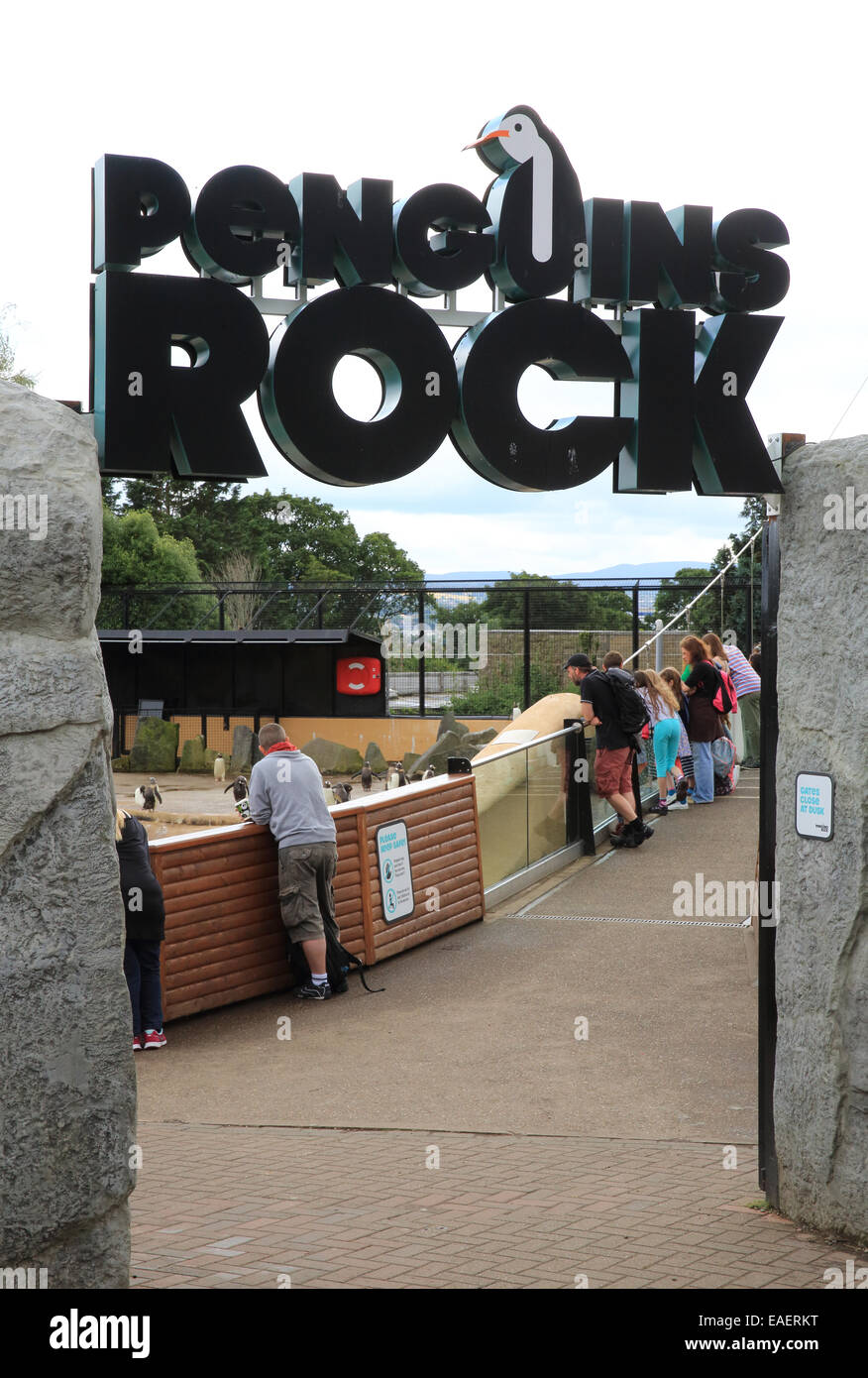 L'ingresso ai pinguini Rock, il popolare pinguini nel recinto dello Zoo di Edimburgo, Scozia, Regno Unito Foto Stock
