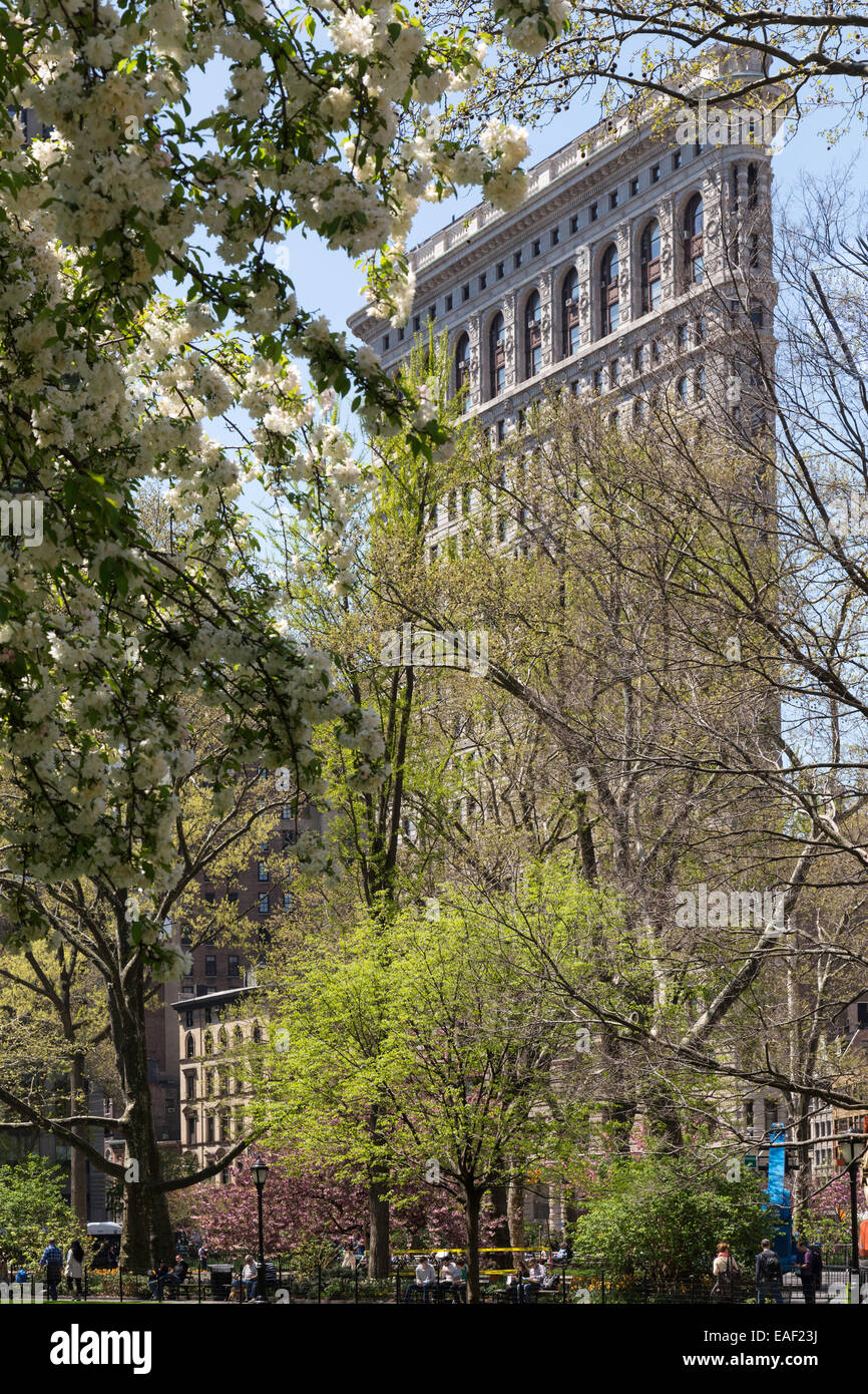 Madison Square Park e Flatiron Building in primavera, NYC Foto Stock