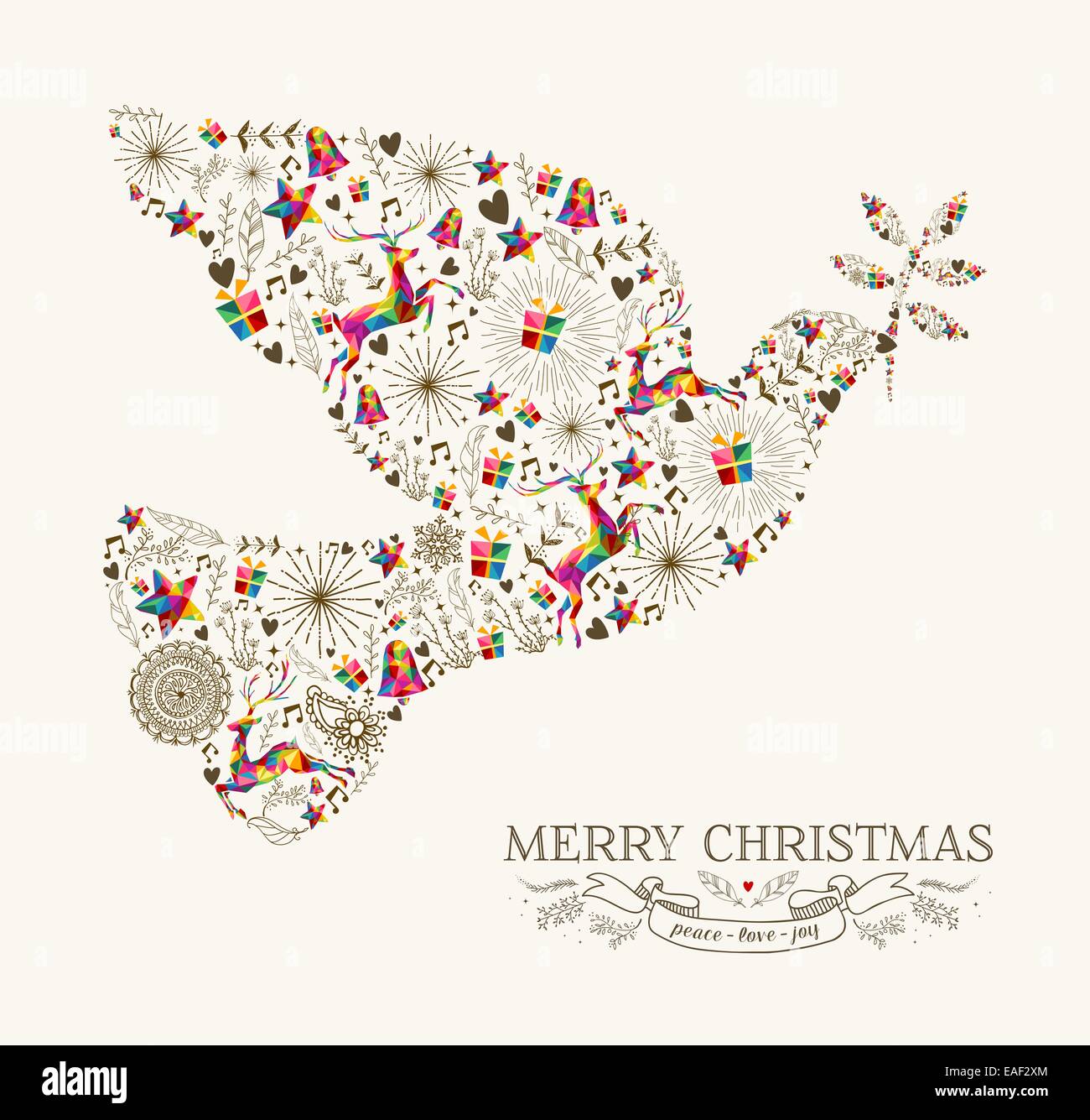 Vintage Natale pace forma di colomba con colorati la renna e il retro etichetta della scheda Messaggi di saluto. EPS10 file vettoriale organizzati in strati f Foto Stock
