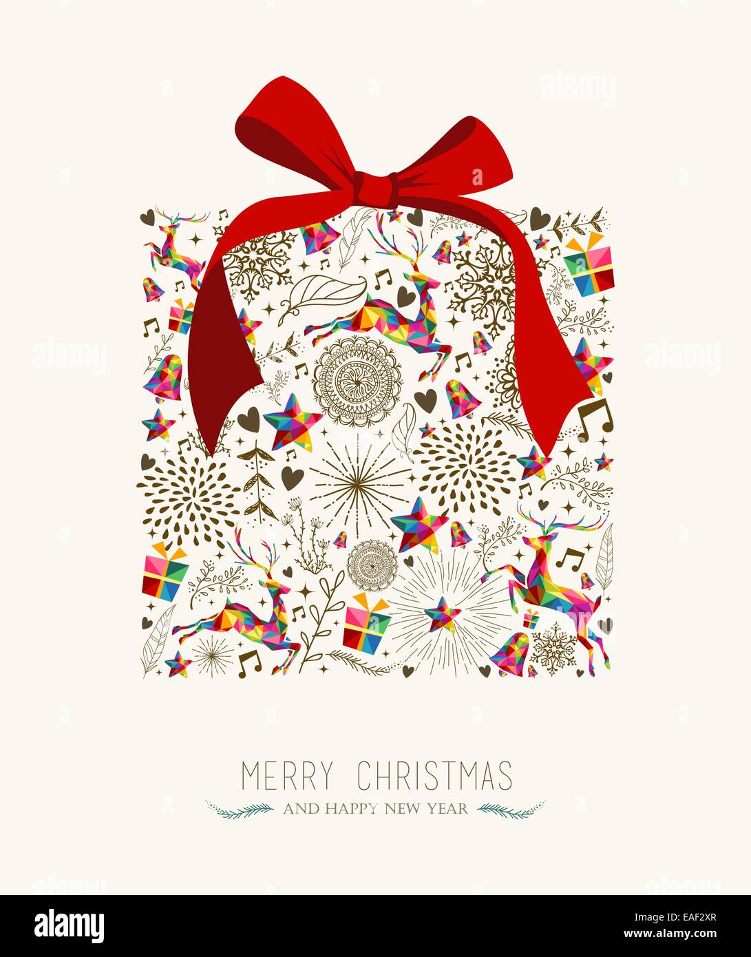 Vintage regalo di Natale forma scatolare con colorati la renna e il retro etichetta della scheda Messaggi di saluto. EPS10 file vettoriale organizzati in strati per Foto Stock
