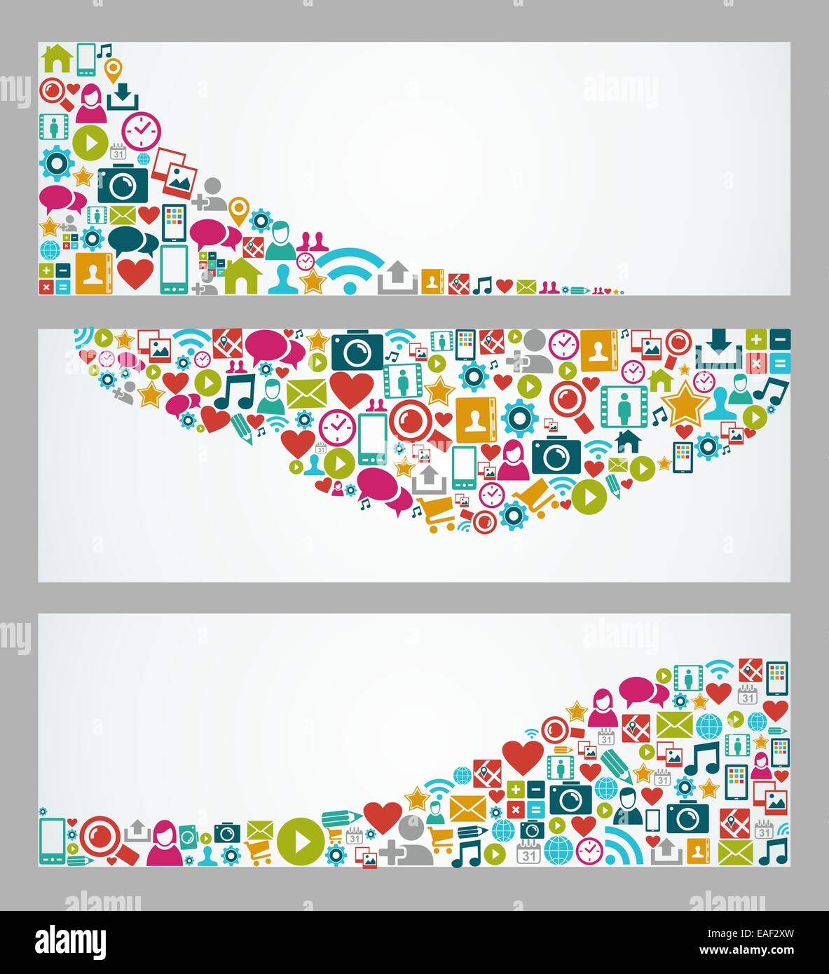 Social media banner web impostato con la rete e le icone multimediali composizione. EPS10 file vettoriali con strati di trasparenza. Foto Stock