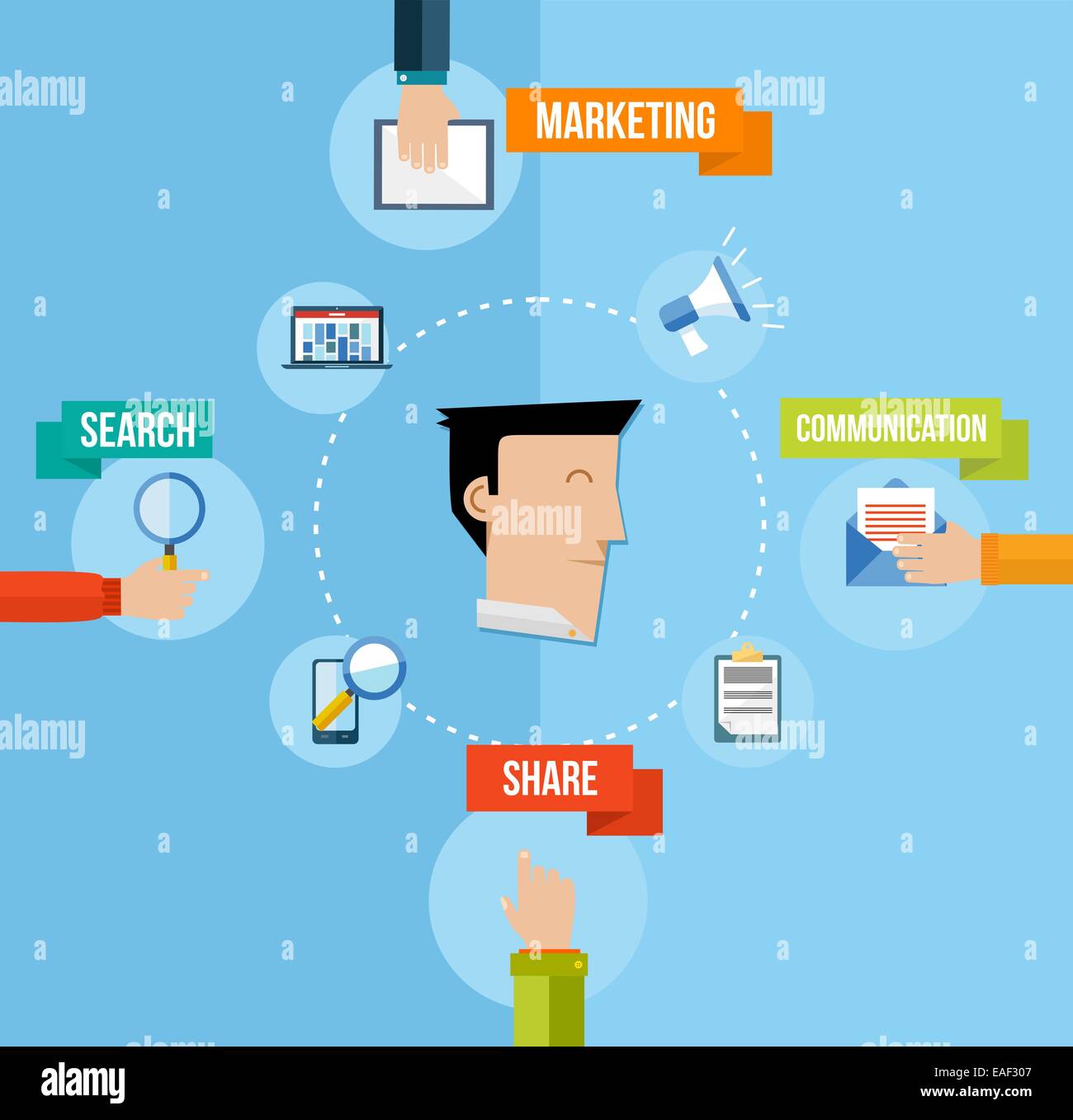 Social media e utente web concetto con set di icone di piatto design. Web Marketing, rete e elementi di app. EPS10 file vettoriale orga Foto Stock