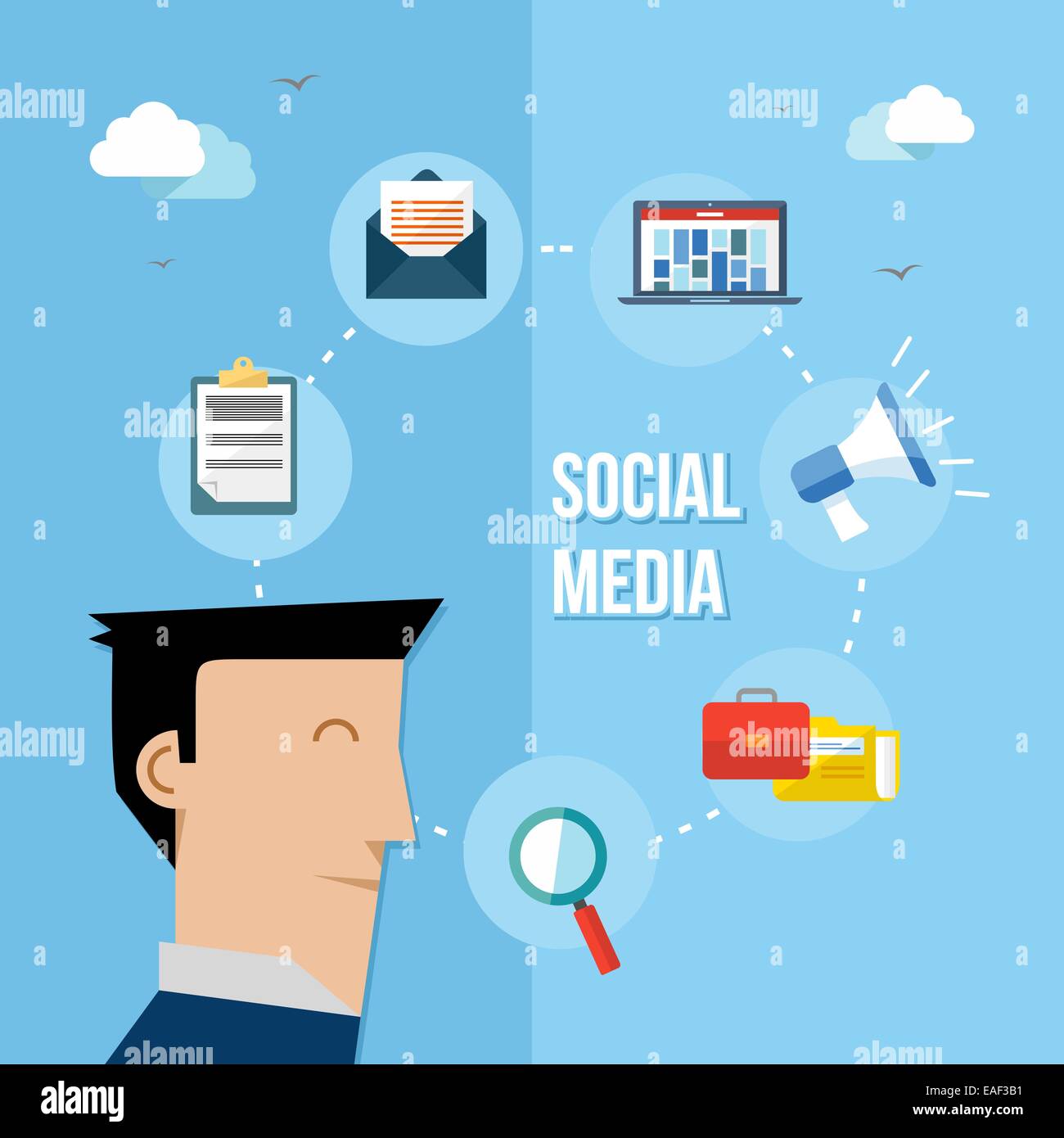 Social media e utente web concetto con set di icone di piatto design. Web Marketing, rete e elementi di app. EPS10 file vettoriale orga Foto Stock