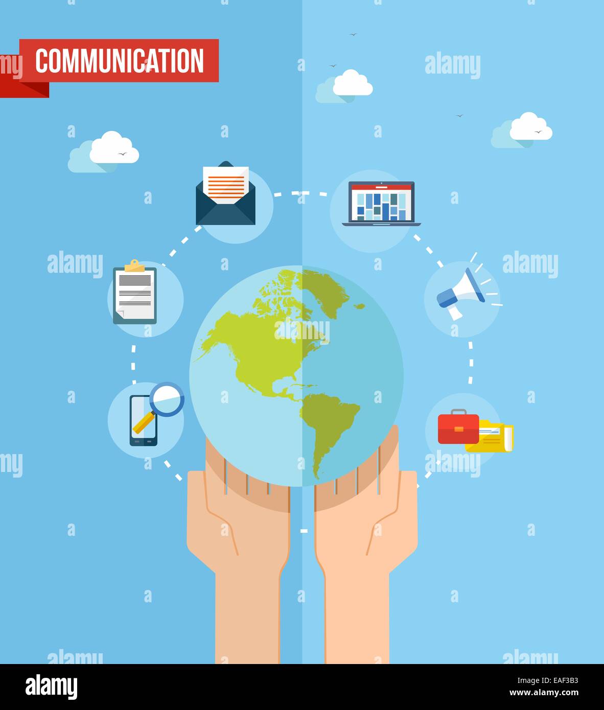 Social media world e web concetto con set di icone di piatto design. Web Marketing, internet e di rete elementi di comunicazione. EP Foto Stock