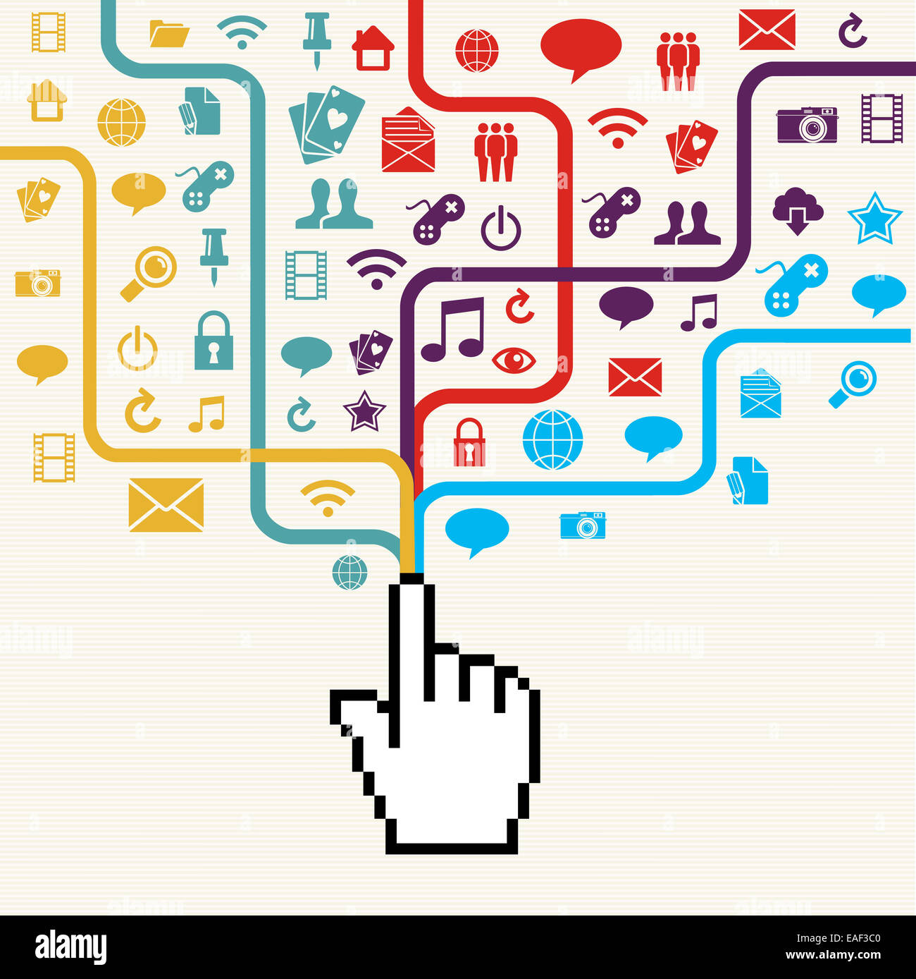 Colorato social media network access concetto con il puntatore a forma di mano pixel. EPS10 file vettoriali con strati di trasparenza. Foto Stock