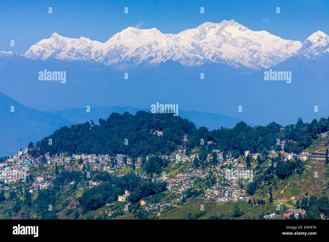 Darjeeling e Kangchenjunga montagna himalayana da Tiger Hill, Darjeeling, West Bengal, India Foto Stock