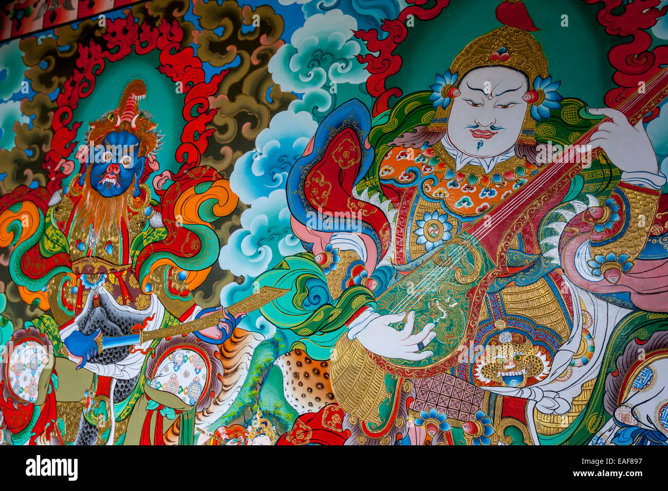 Dipinti colorati, Bhutia Busty Monastero, Darjeeling, West Bengal, India Foto Stock