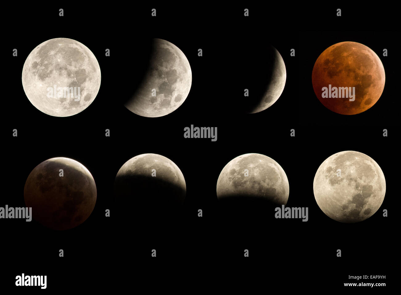 Lunar Eclipse sequenza comprendente eclissi totale di luna di sangue Foto Stock