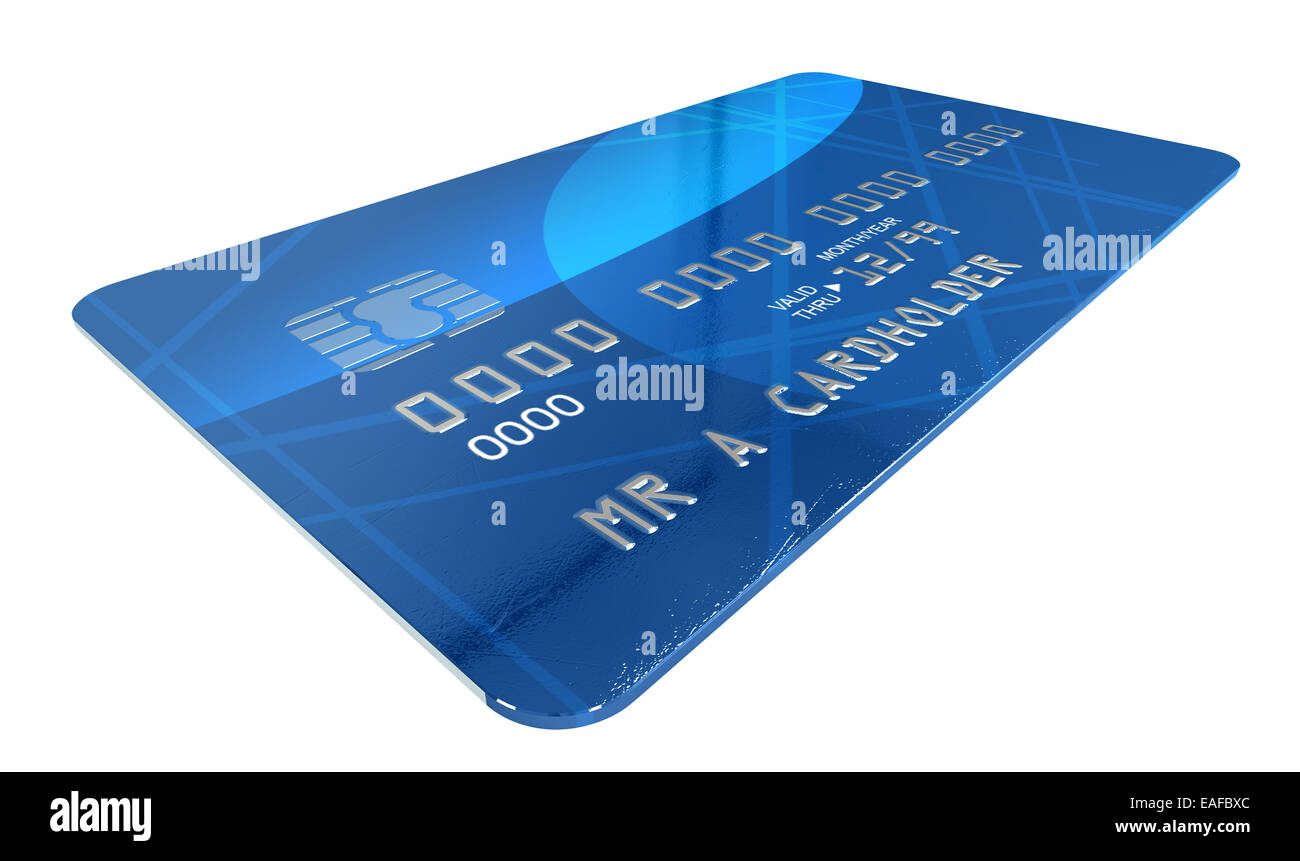Un estremo dettaglio di un generico blu in plastica carta di credito con chip su un isolato di sfondo per studio Foto Stock