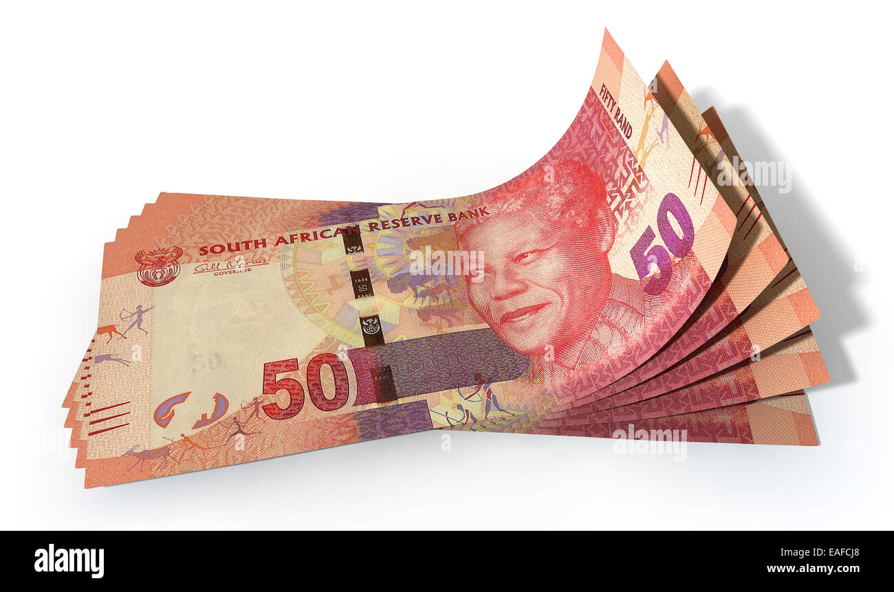 Un gruppo di cinque rand banconote ventaglio e ricurva isolato su un fondo bianco Foto Stock