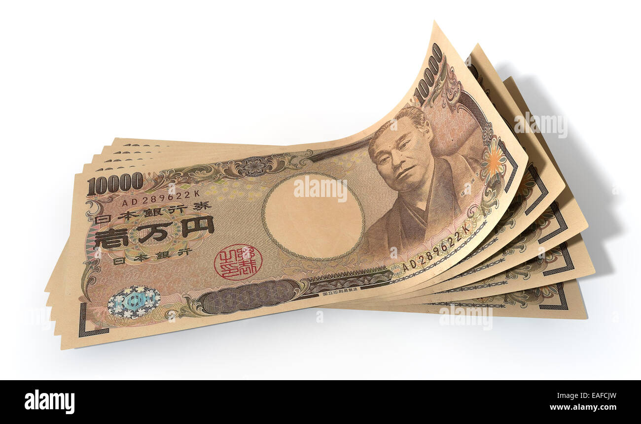 Un gruppo di cinque yen giapponese banconote ventaglio e ricurva isolato su un fondo bianco Foto Stock