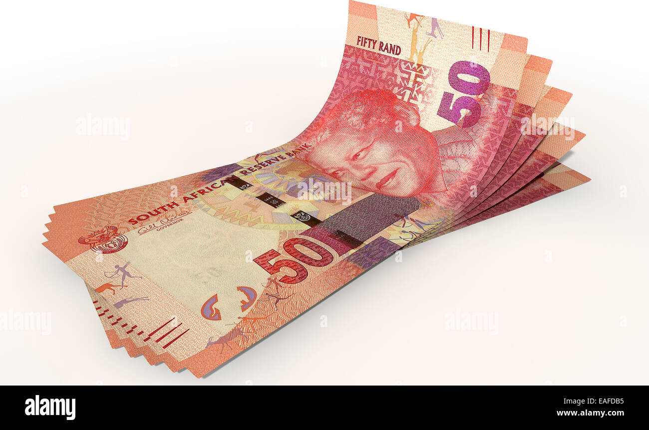 Un gruppo di cinque rand banconote ventaglio e ricurva isolato su un fondo bianco Foto Stock