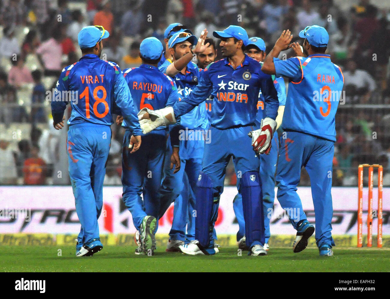 Kolkata, India. Xiii Nov, 2014. Indian cricketer celebrata per la caduta del paletto durante tra India e Srilanka 4° ODI corrispondono a Calcutta il Nov 13, 2014 Credit: Bhaskar Mallick/Pacific Press/Alamy Live News Foto Stock