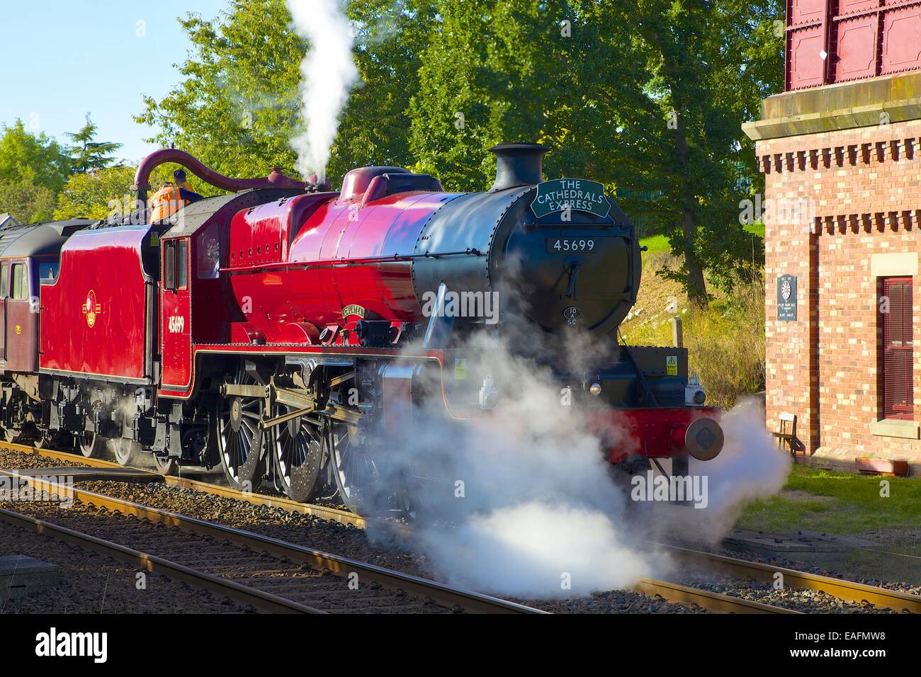 Treno a vapore la Galatea a Appleby Stazione, Appleby-in-Westmoreland, Cumbria, accontentarsi di Carlisle linea ferroviaria, Inghilterra, Regno Unito. Foto Stock