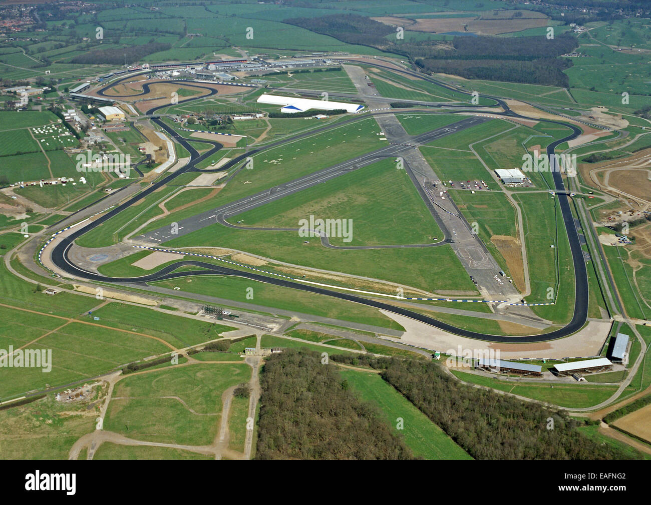 Vista aerea del circuito automobilistico Silverstone nel Northamptonshire, Regno Unito Foto Stock