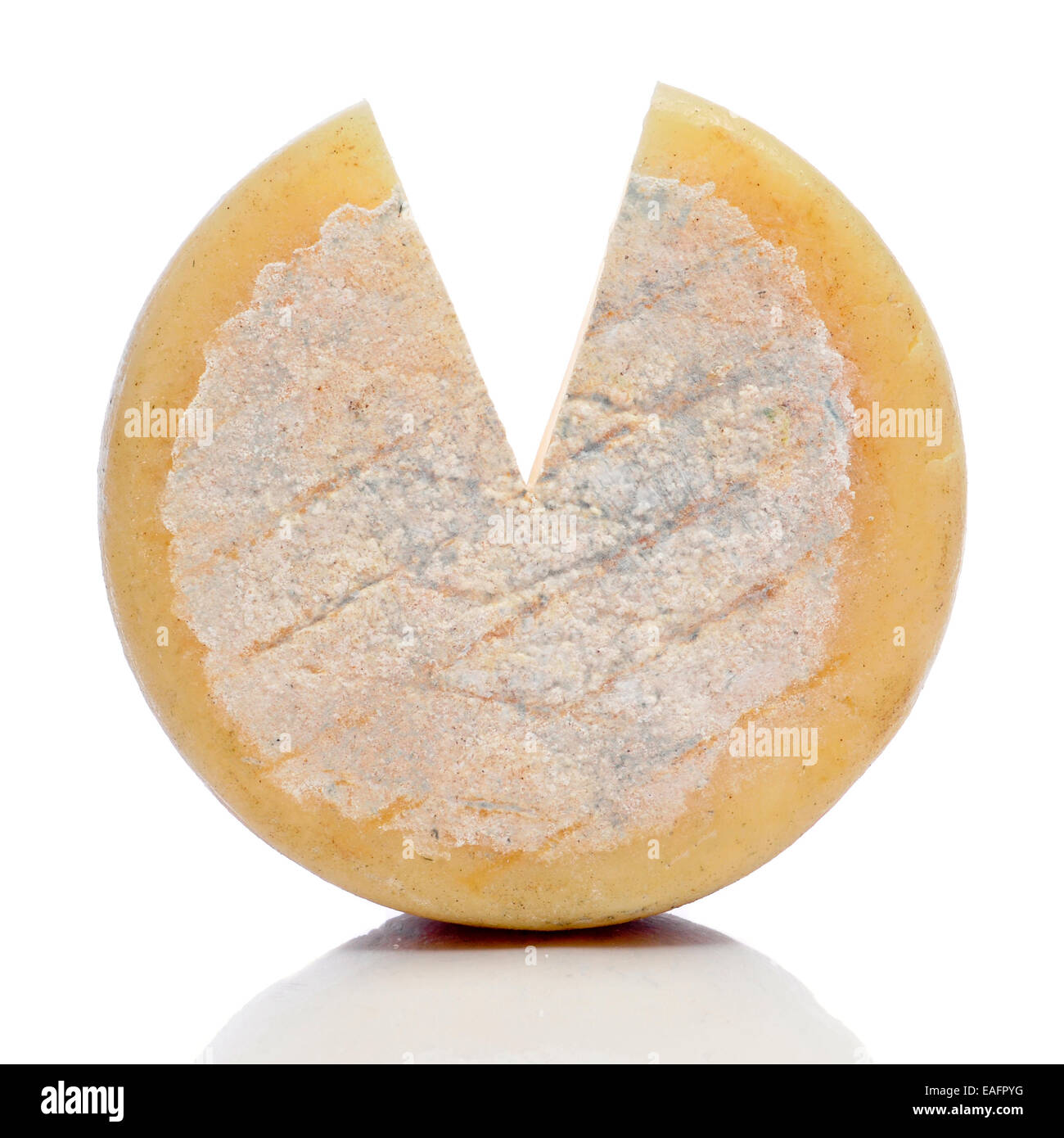 Primo piano di un formaggio indurito su sfondo bianco Foto Stock