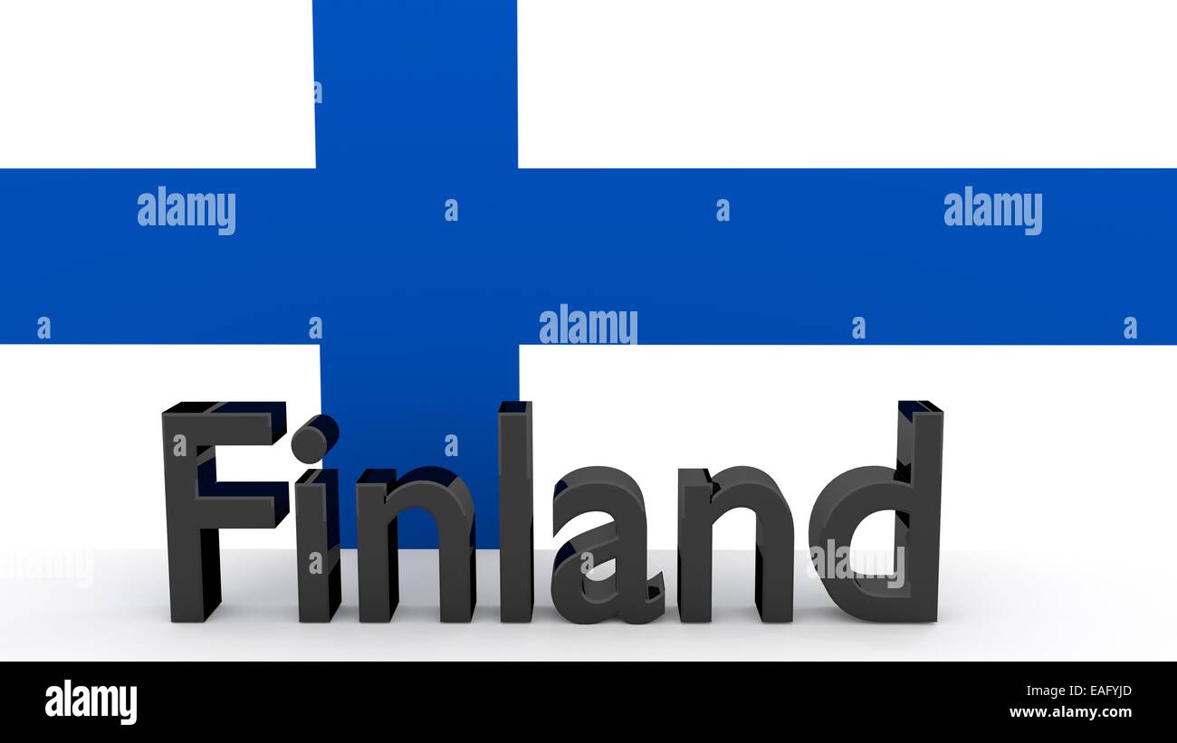 La scrittura di Finlandia fatta di metallo scuro nella parte anteriore di una bandiera finlandese Foto Stock