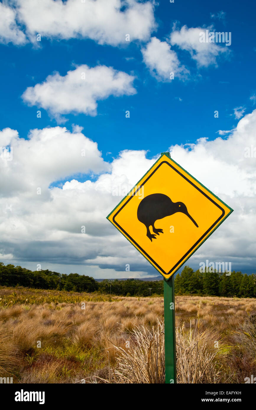 Kiwi attraversando cartello stradale contro il cielo nuvoloso in Nuova Zelanda Foto Stock