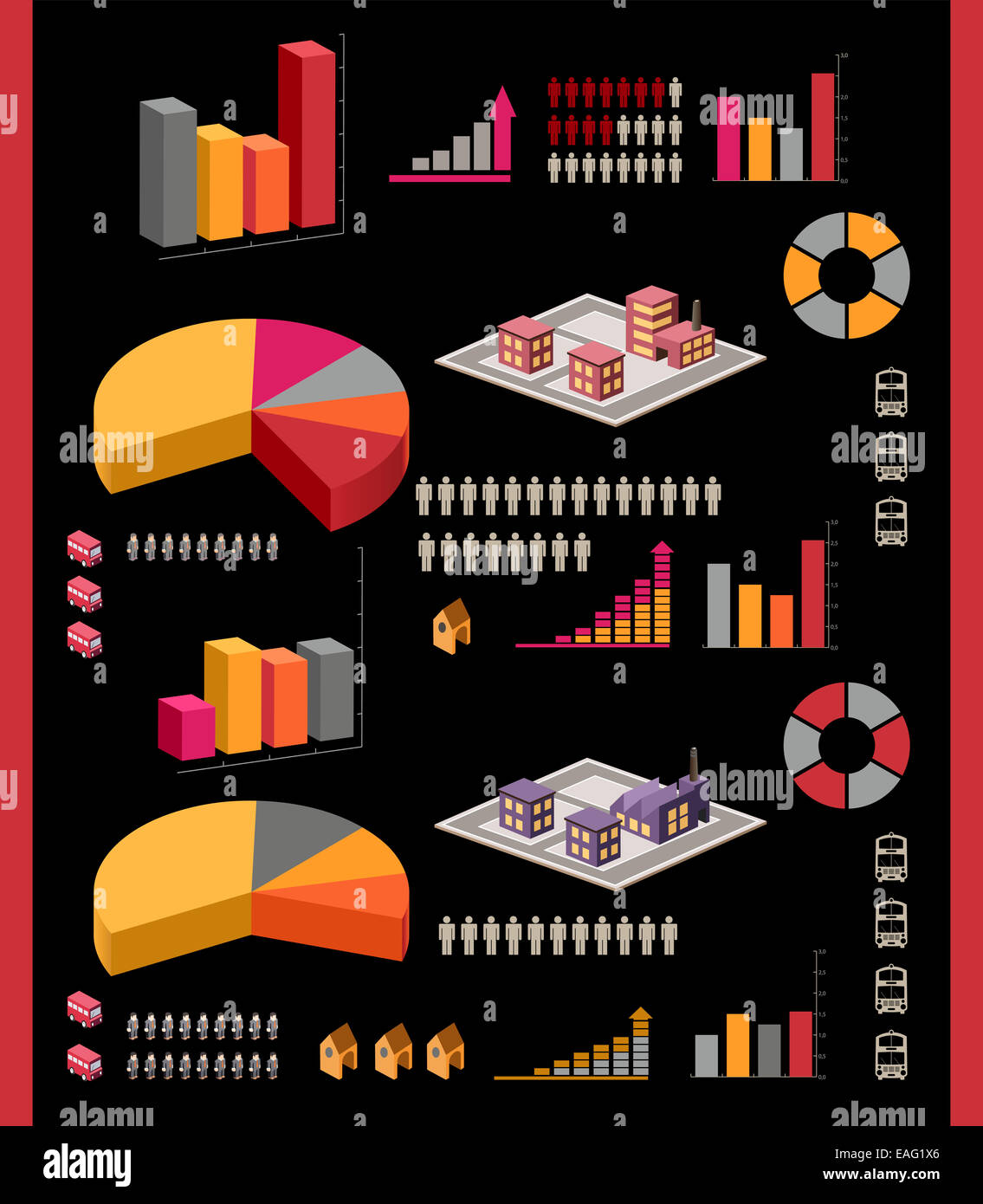 Set isometrica di elementi per una infografica su nero Foto Stock