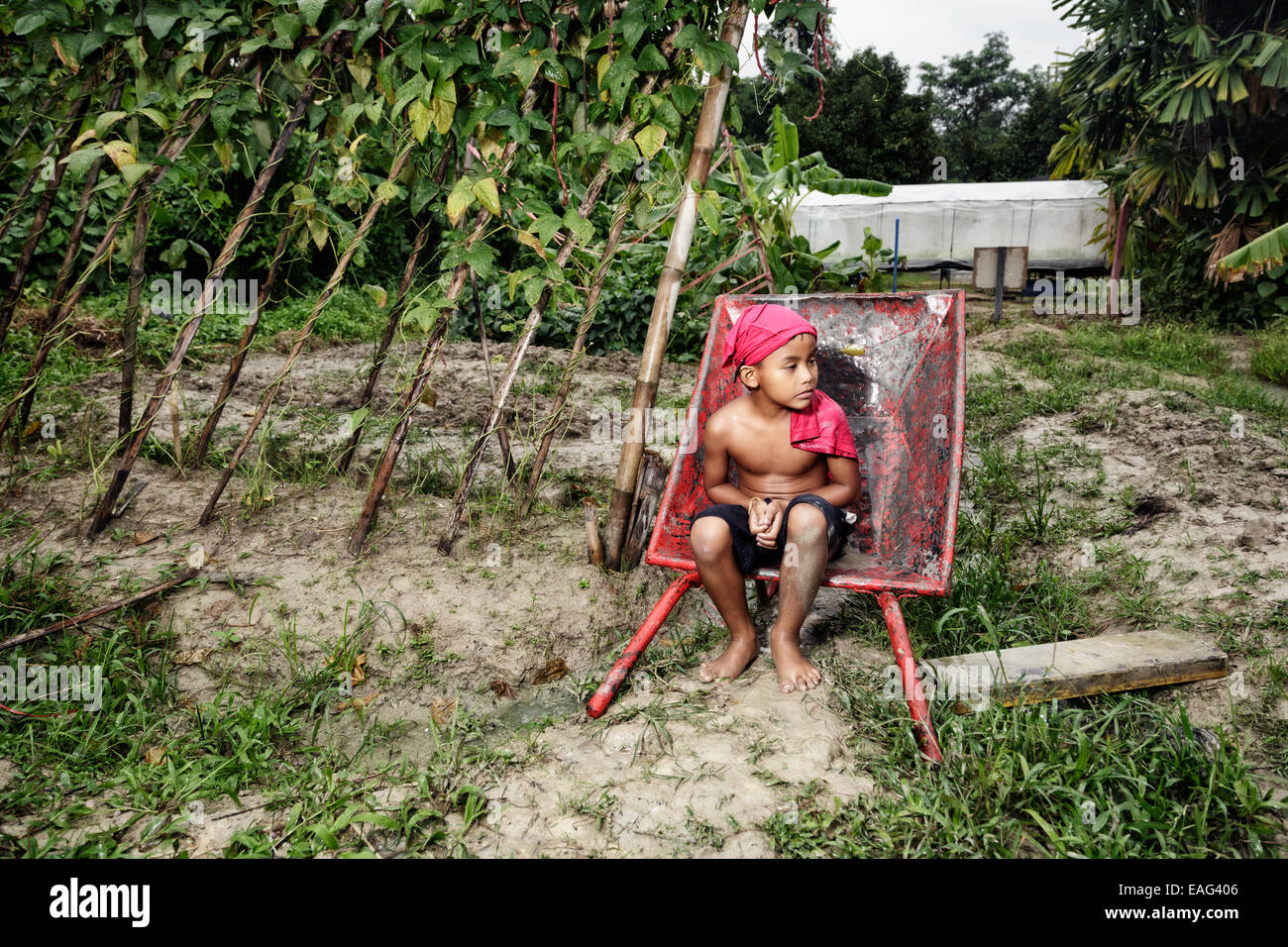 Ragazzo picking fruit riposa nella ruota barrow. Foto Stock