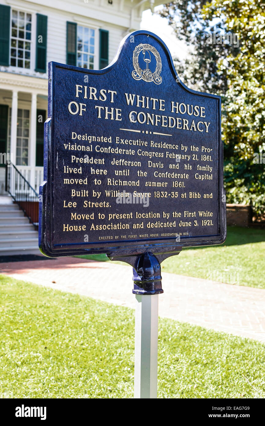 Lapide storica per la prima casa bianca della Confederazione a Montgomery in Alabama Foto Stock
