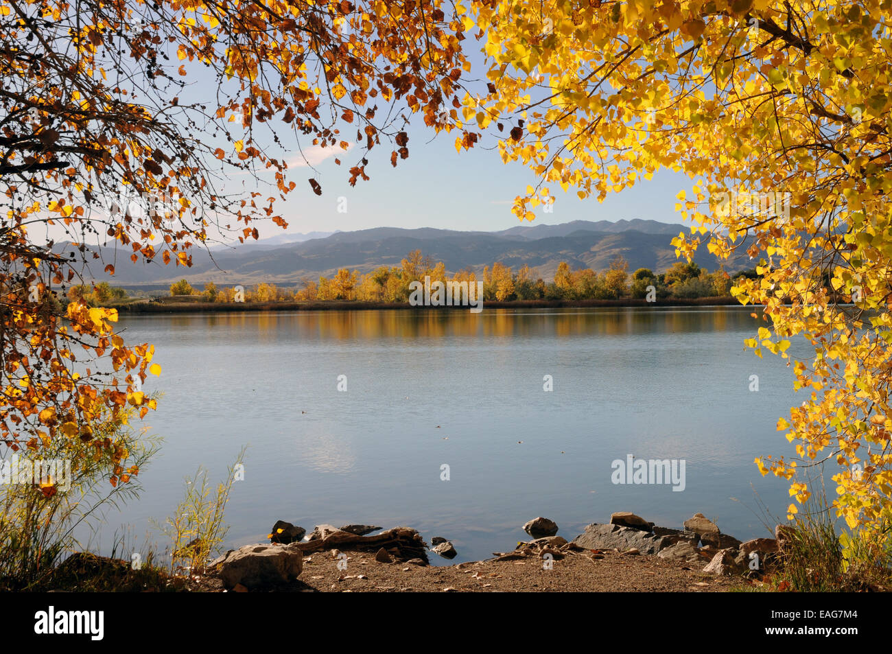 I colori autunnali a Coot Lake, vicino a Boulder serbatoio con vedute distanti del Front Range. Foto Stock