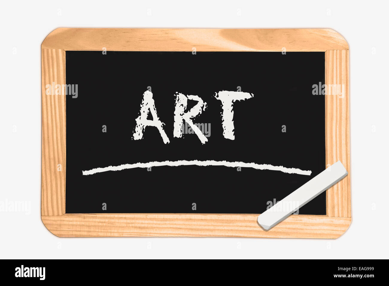 Lavagna con la scritta arte, un pezzo di gesso bianco nell'angolo Foto Stock