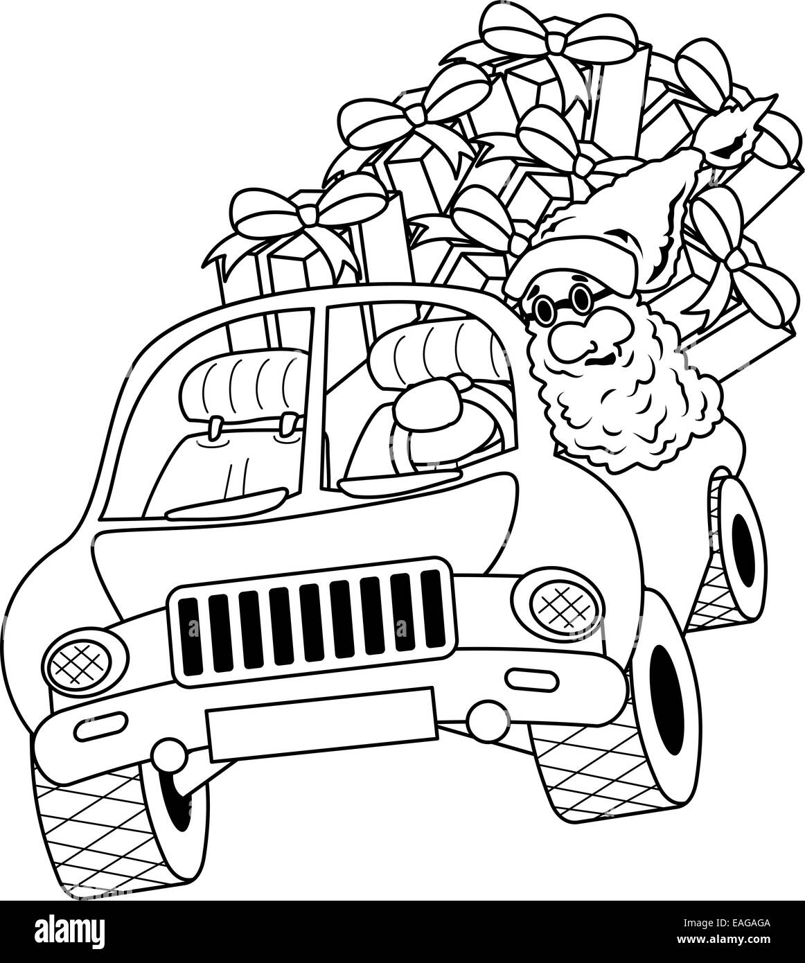 Santa Claus guida auto con i regali di Natale Foto Stock