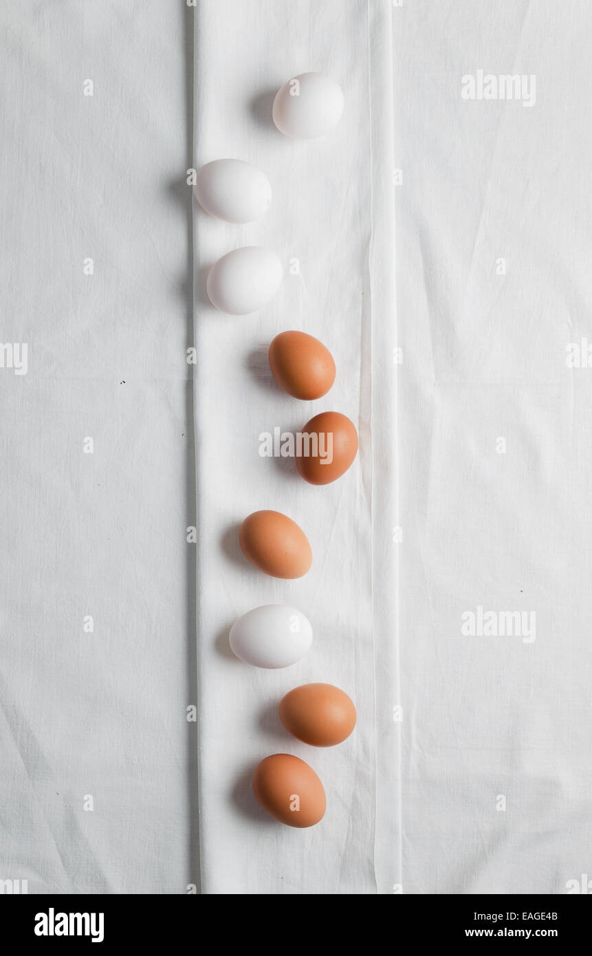 Uova allineate in una fila su un panno bianco, sopra visualizza Foto Stock