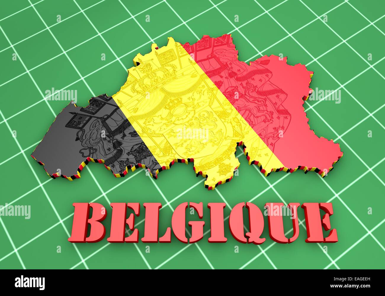 Mappa 3D illustrazione del Belgio con la bandiera e stemma Foto Stock