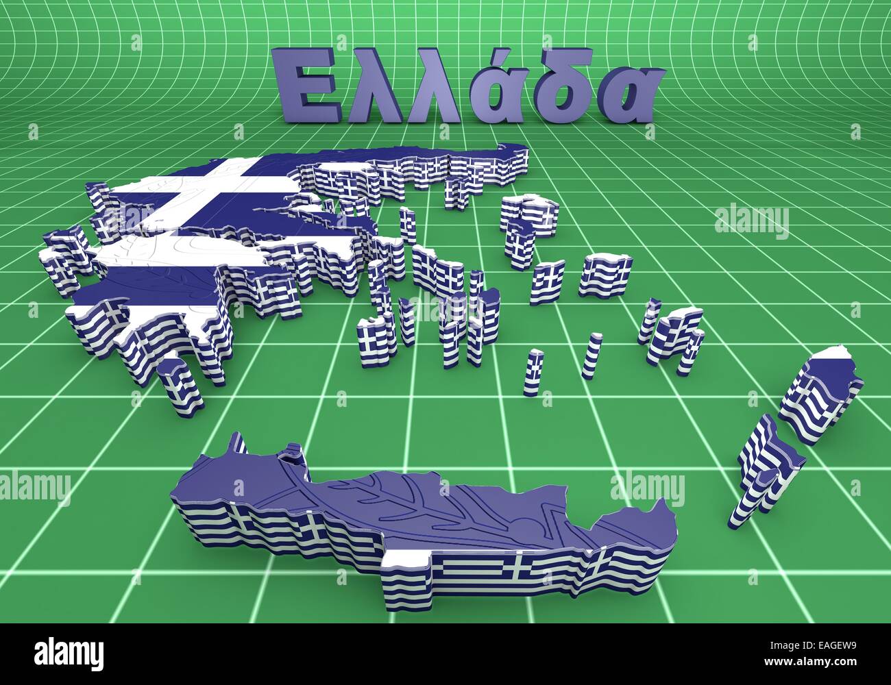 Mappa 3D illustrazione della Grecia con bandiera e stemma Foto Stock