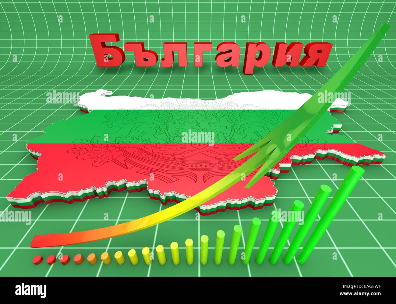 Mappa 3D illustrazione della Bulgaria con bandiera e stemma Foto Stock