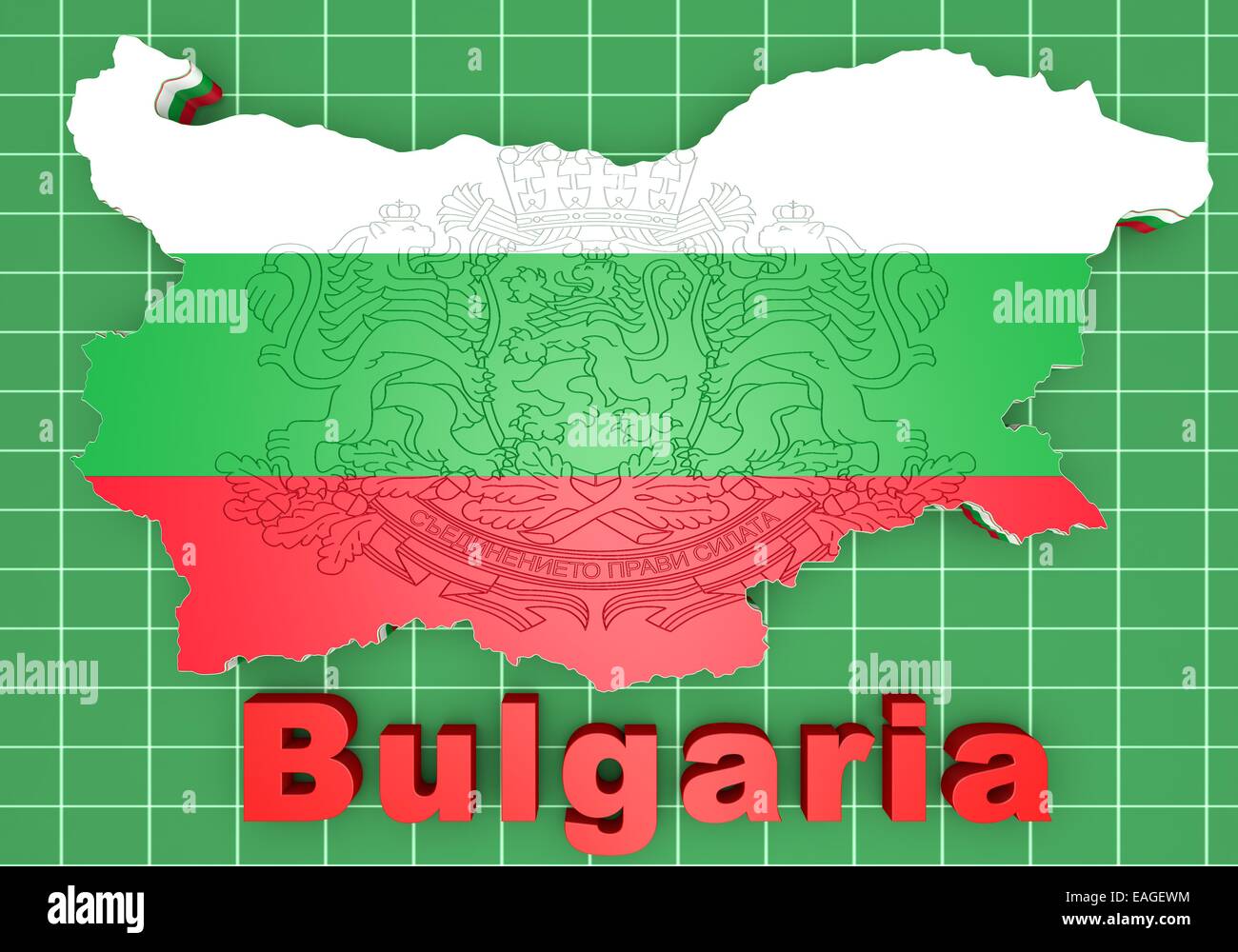 Mappa 3D illustrazione della Bulgaria con bandiera e stemma Foto Stock