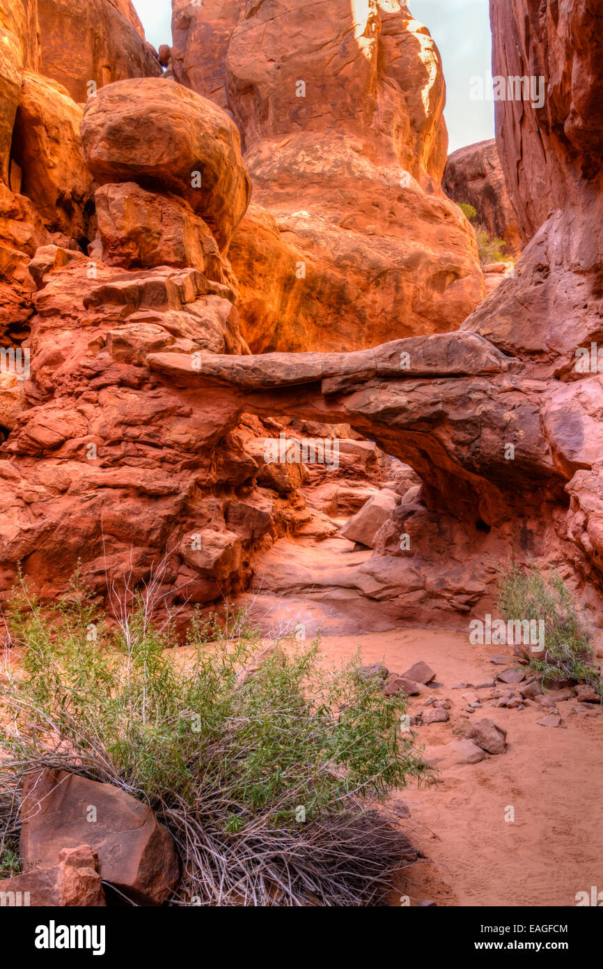 Il paesaggio marziano di Walk-Through arco nella fornace ardente sezione di Arches National Park nello Utah. Foto Stock