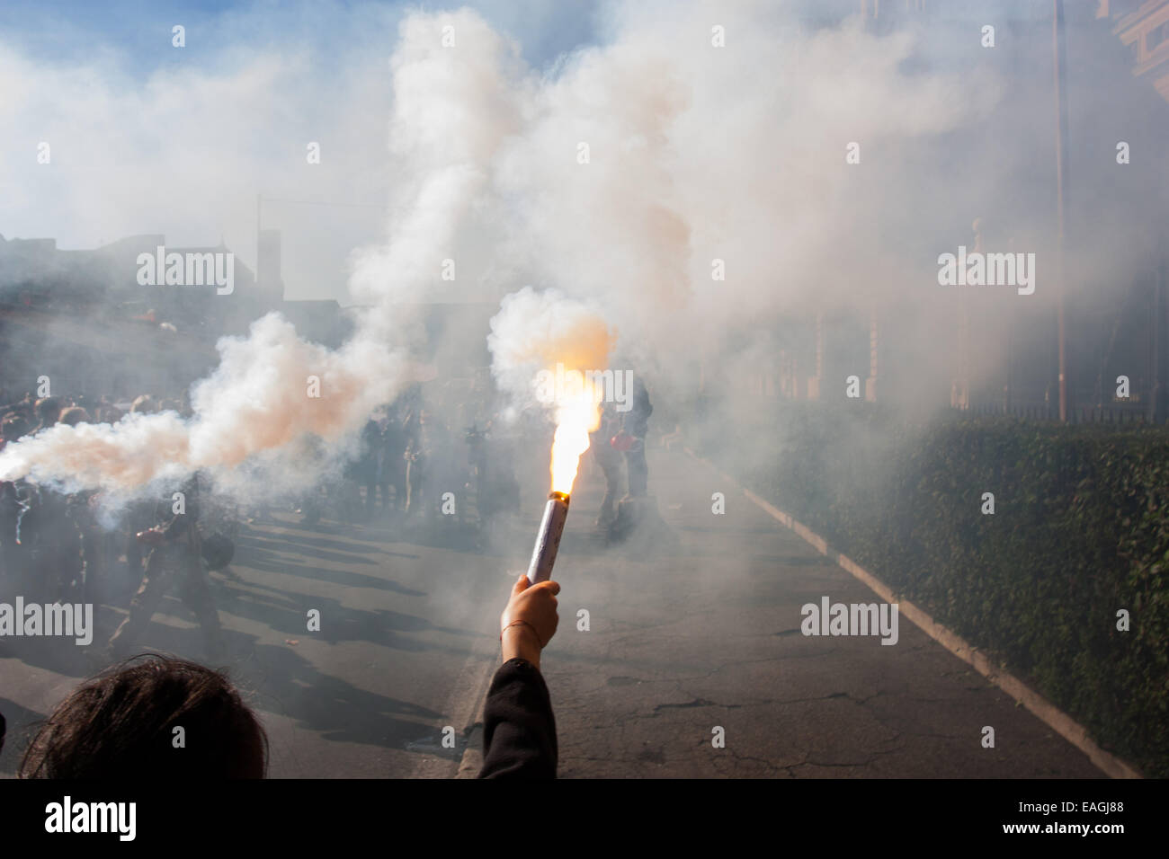 Roma, Italia. 14 Novembre, 2014. Circa cinque mila persone fase dimostrazione contro la precarizzazione del lavoro e contro le politiche di austerità, attuata dalla Renzi di amministrazione e l'Unione europea. Manifestanti gettare uova, petardi e vernice presso il Ministero dell' economia e l' ambasciata della Repubblica federale di Germania durante il rally. Credito: Luca Prizia/Pacific Press/Alamy Live News Foto Stock