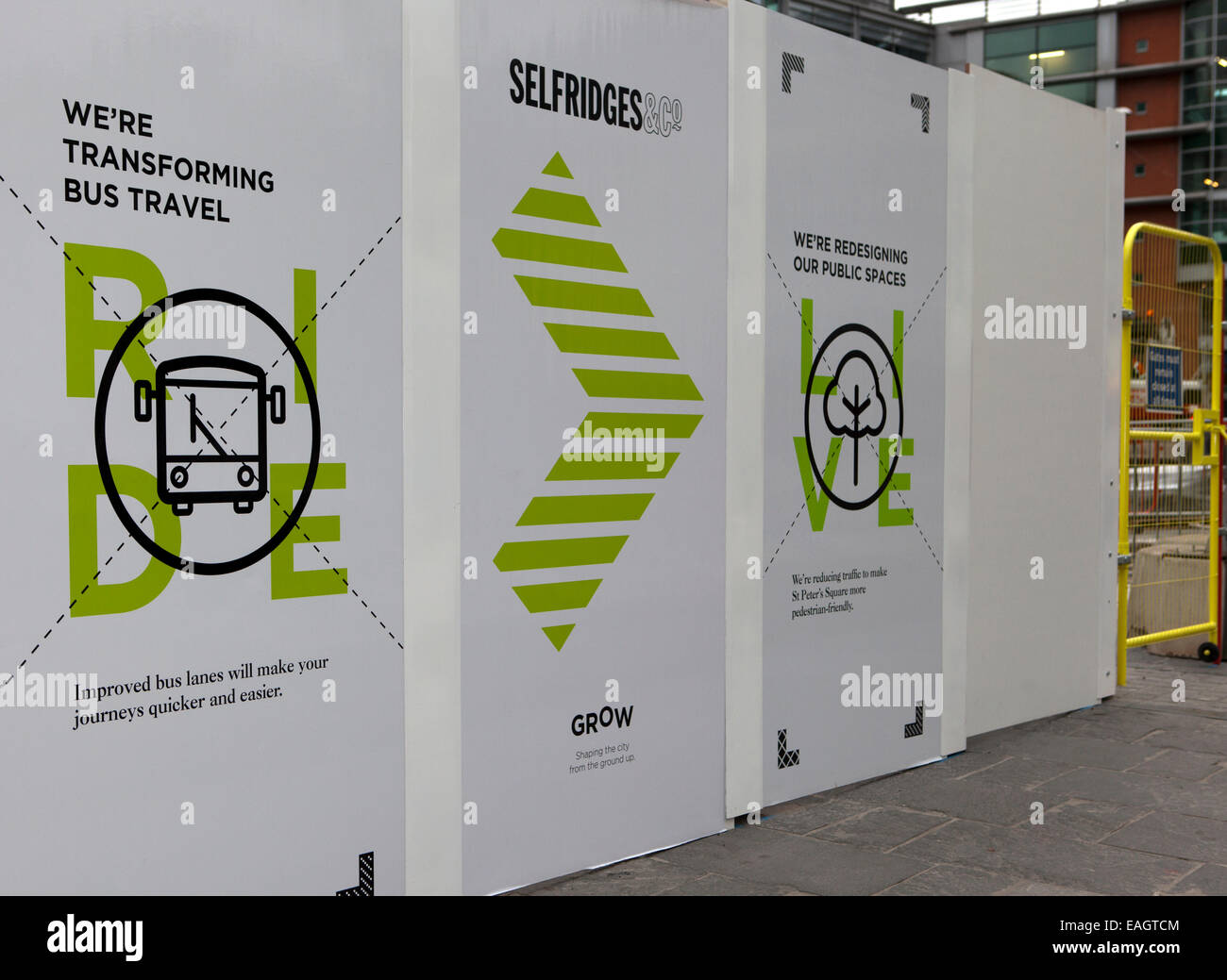 Selfridges costruzione palizzata, Manchester, Regno Unito Foto Stock