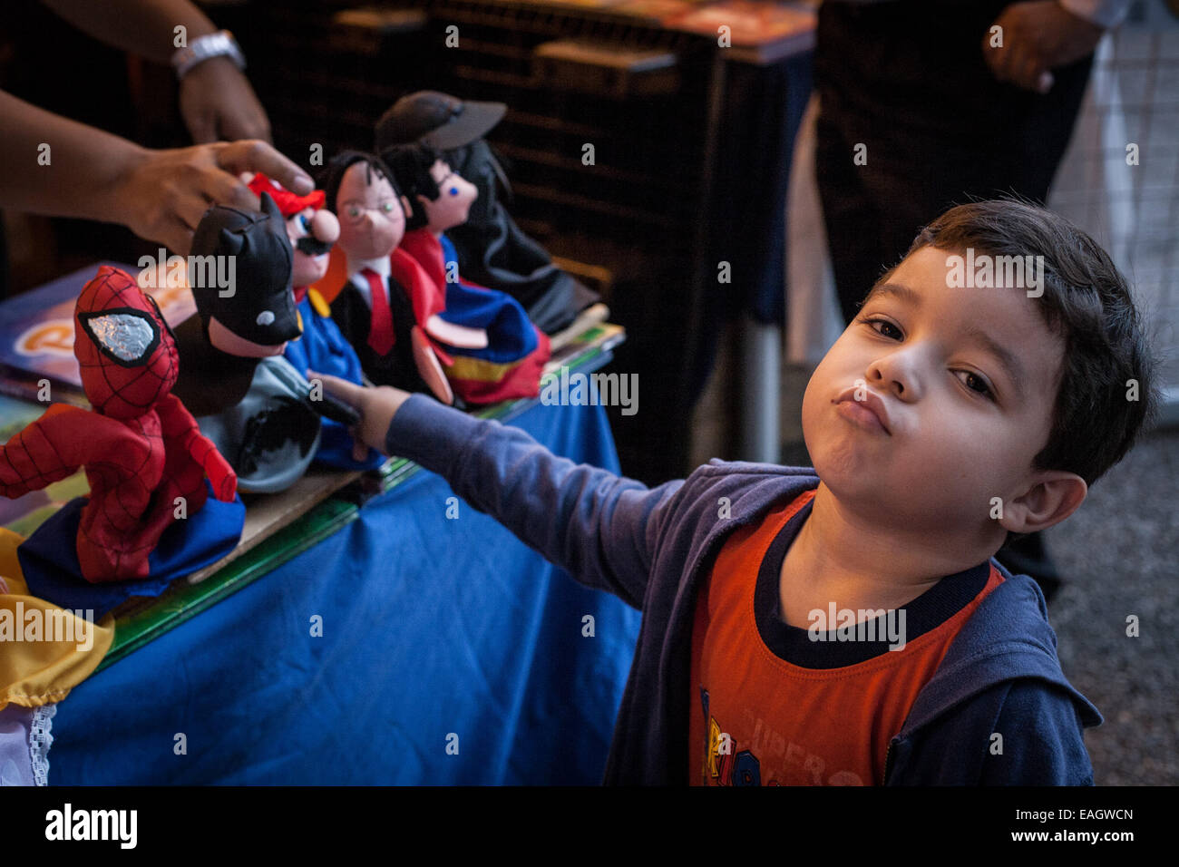 Caracas, Venezuela. Xiv Nov, 2014. Un ragazzo frequenta la sesta lezione di Chacao Festival nel comune di Chacao, a Caracas, Venezuela, su nov. 14, 2014. Il festival si è tenuto da Chacao's Mayoralty, attraverso la cultura di Chacao, venezuelano e prenotare la camera e con la partecipazione di più di 90 editori, secondo gli organizzatori. © Boris Vergara/Xinhua/Alamy Live News Foto Stock