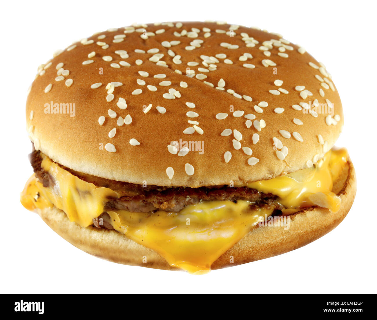 Double cheeseburger è fotografato close-up su sfondo bianco Foto Stock