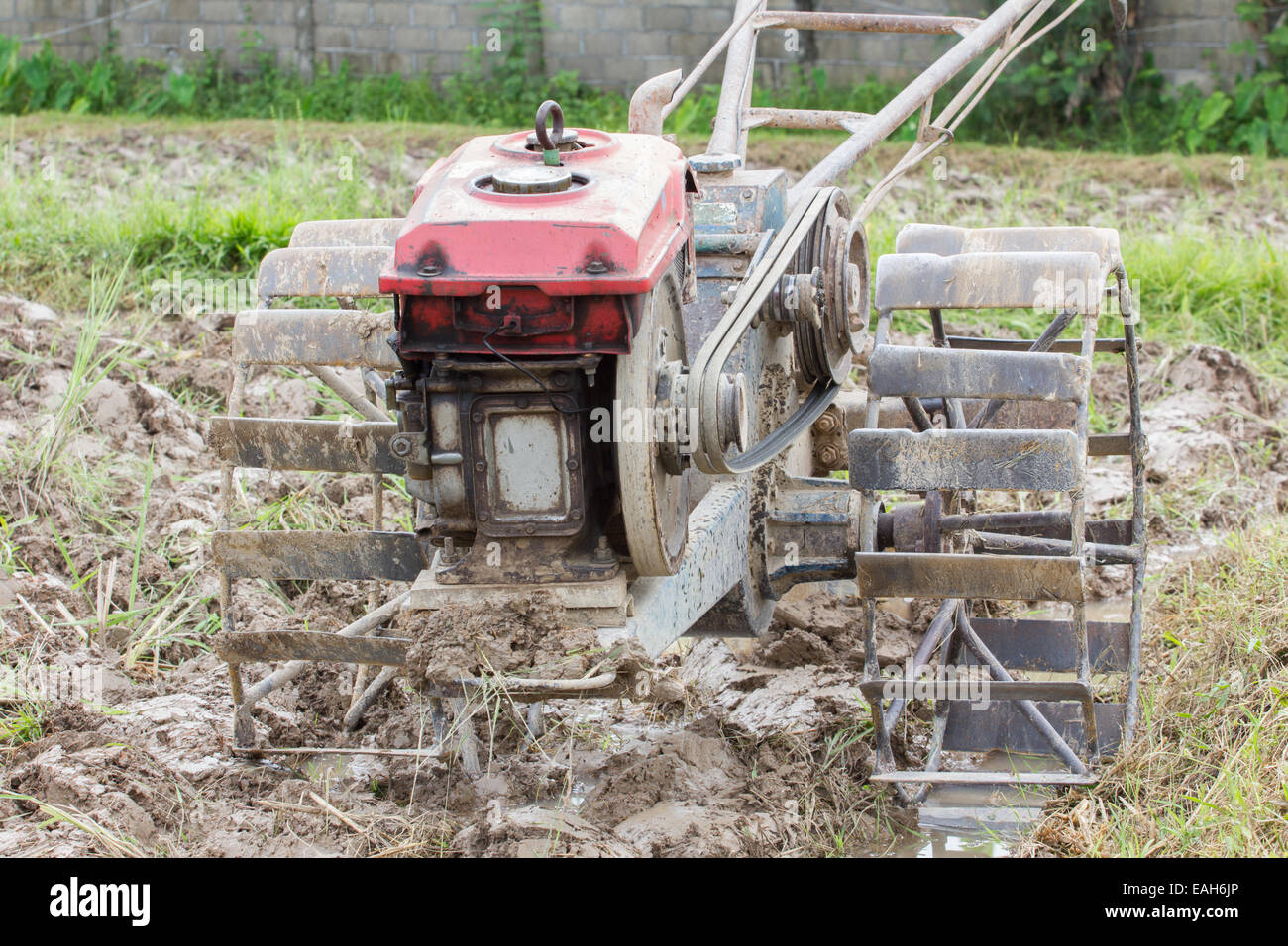 Vecchio motorino pushcart per arare il campo di riso Foto Stock