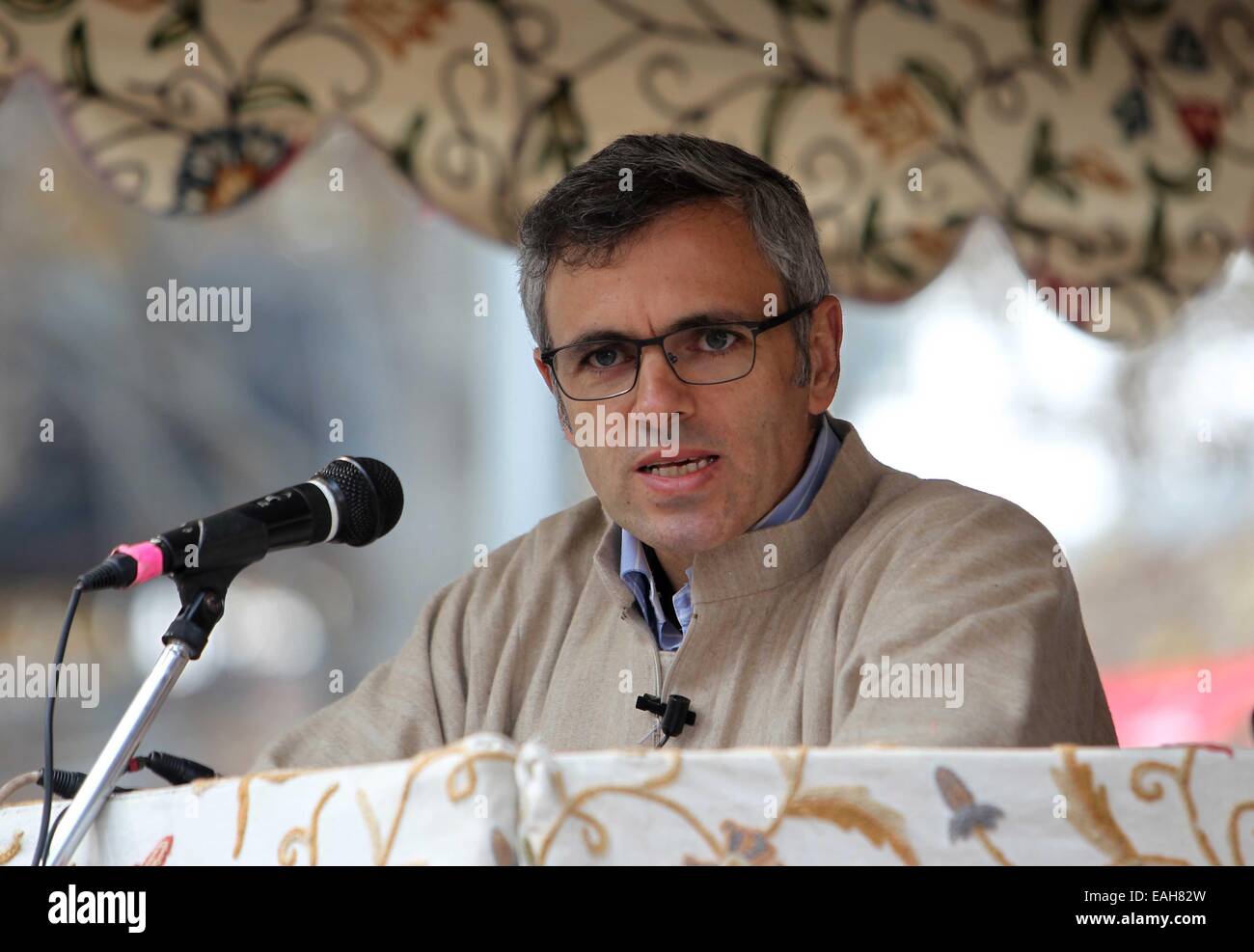 Srinagar, Indiano-controllato del Kashmir. Xv Nov, 2014. Chief Minister di Indiano-controllato Kashmir Omar Abdullah affronta il suo partito sostenitori durante un comizio elettorale in Ganderbal, la capitale estiva di Indiano-Kashmir controllata, nov. 15, 2014. © Javed Dar/Xinhua/Alamy Live News Foto Stock