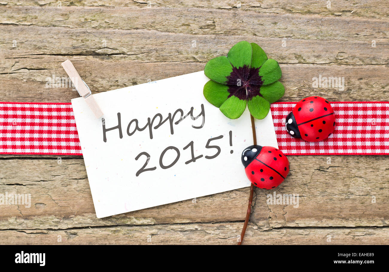Inglese per l'anno nuovo con scheda Leafed trifoglio e ladybugs Foto Stock