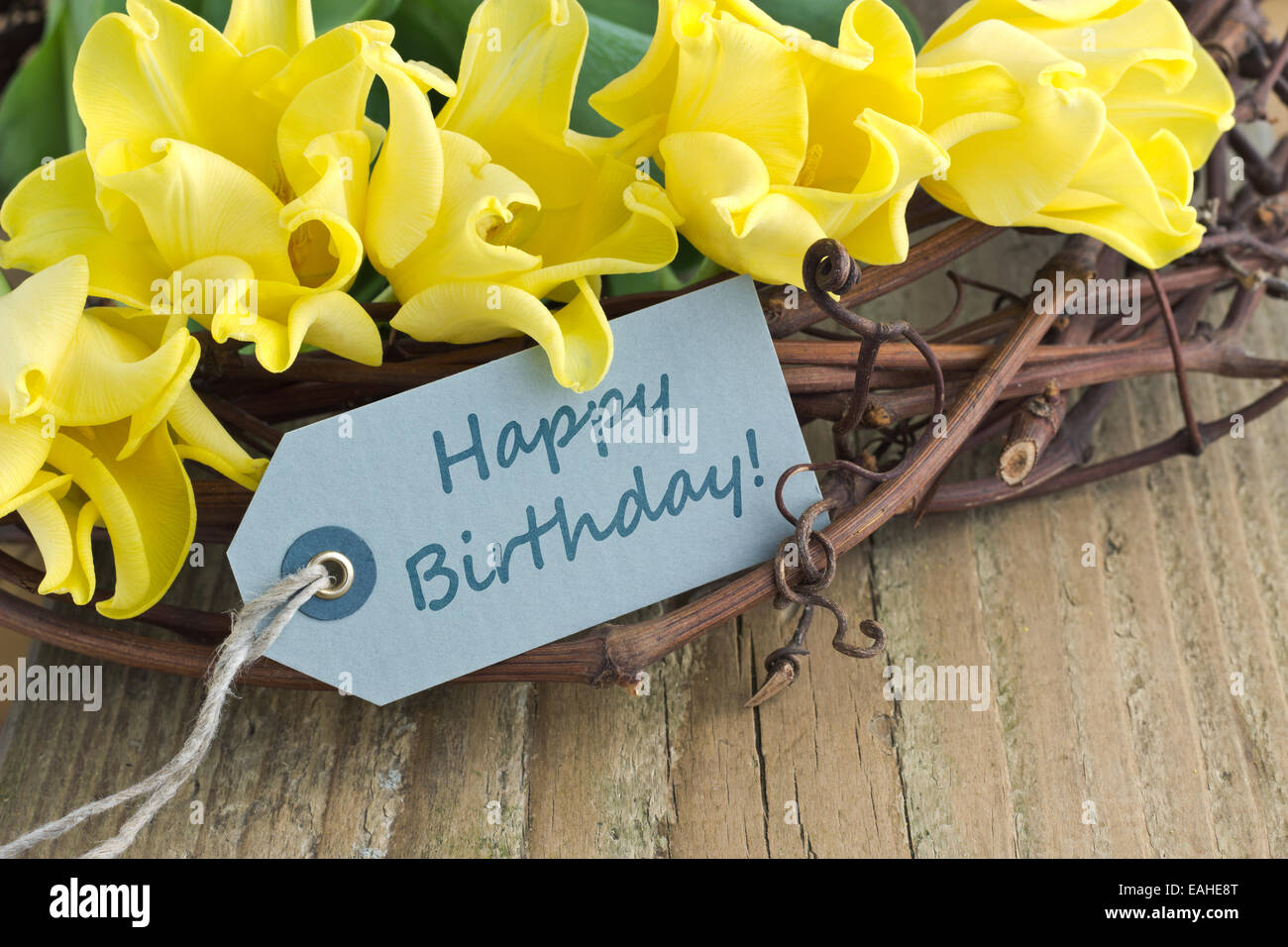 Inglese biglietto di auguri di compleanno con tulipani gialli Foto Stock